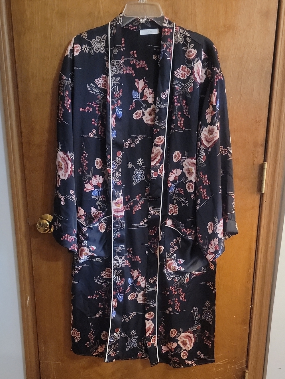 Lush Black Satin Kimono Robe with Pink Floral Print